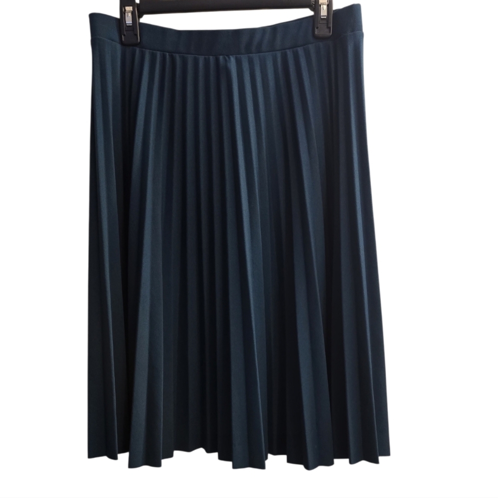 Ashley Blue Dark Teal Pleated A-Line Midi Skirt,Large
